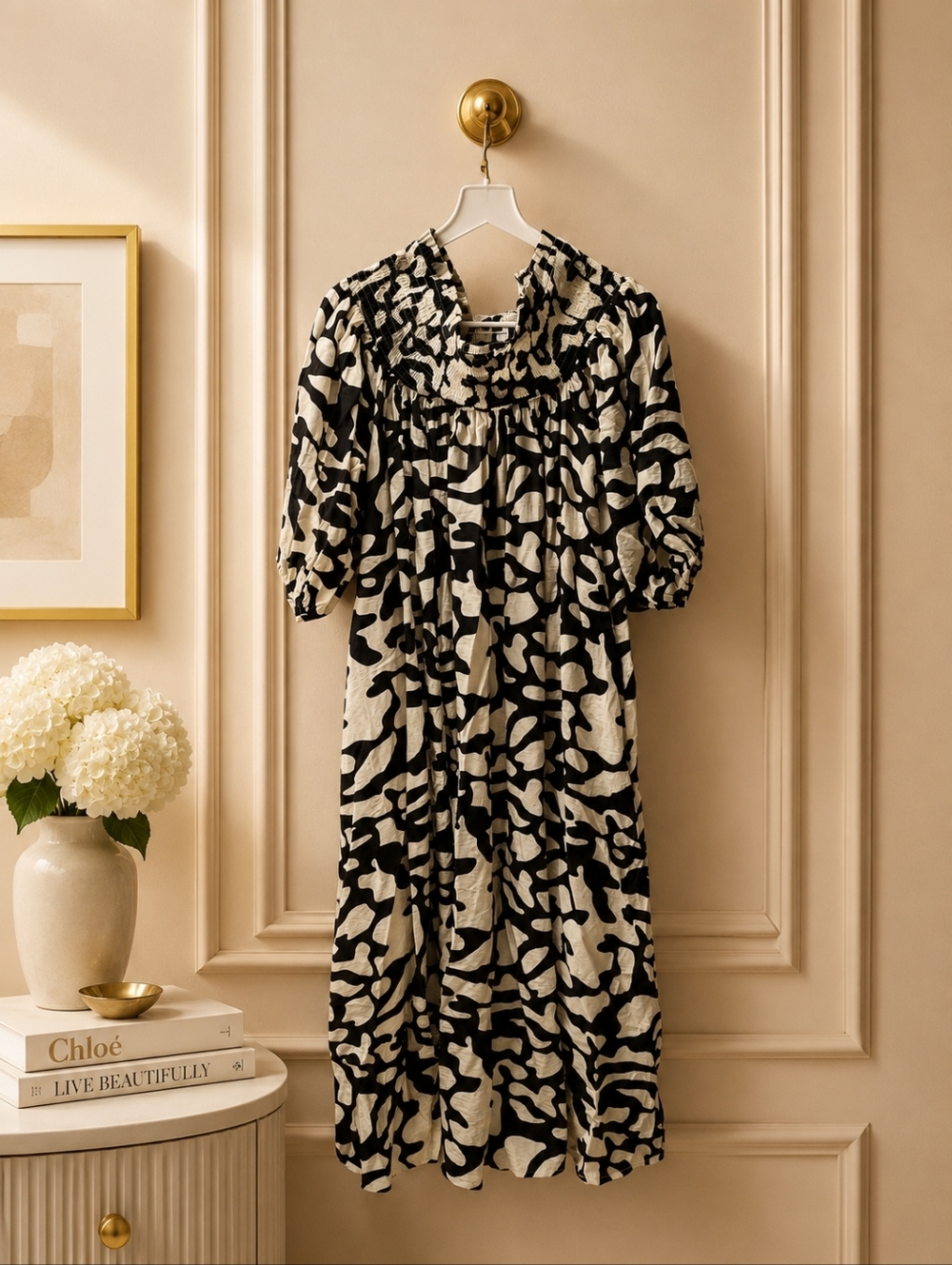 NWT GIGIO Small Off The Shoulder Black & Cream Smocked Maxi Dress with Pockets